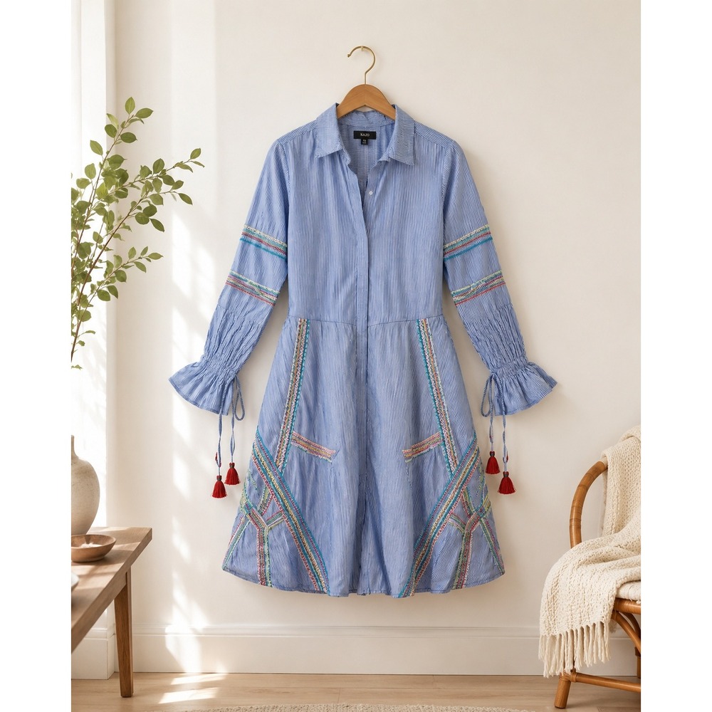 Striped Shirt Dress‎ S Blue Cotton Embroidered Boho Tassel Festival Hippie